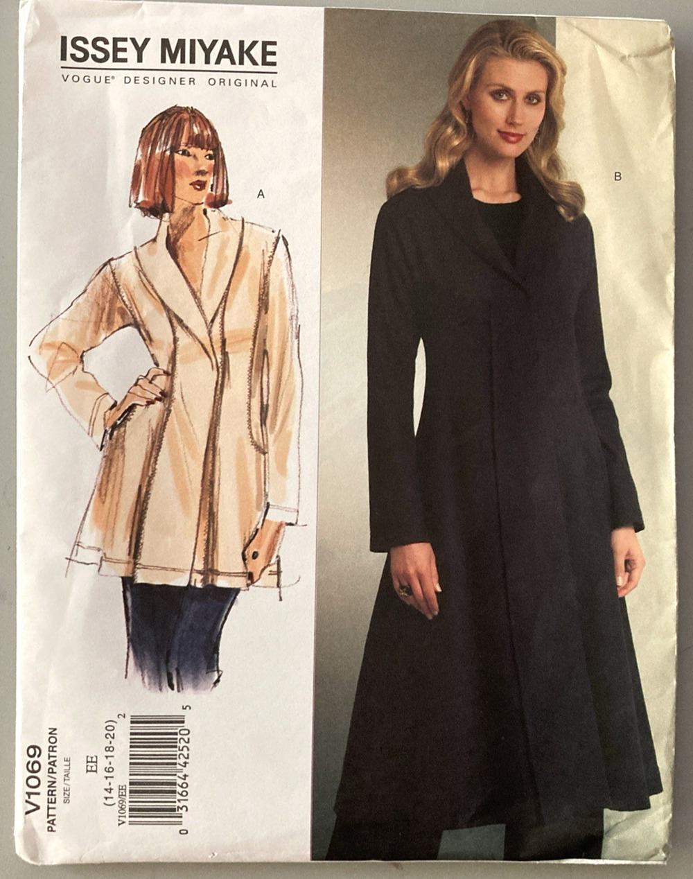 Uncut Vogue V1069 Issey Miyake Designer Lined Jacket Coat Minimalist Sz 14-20